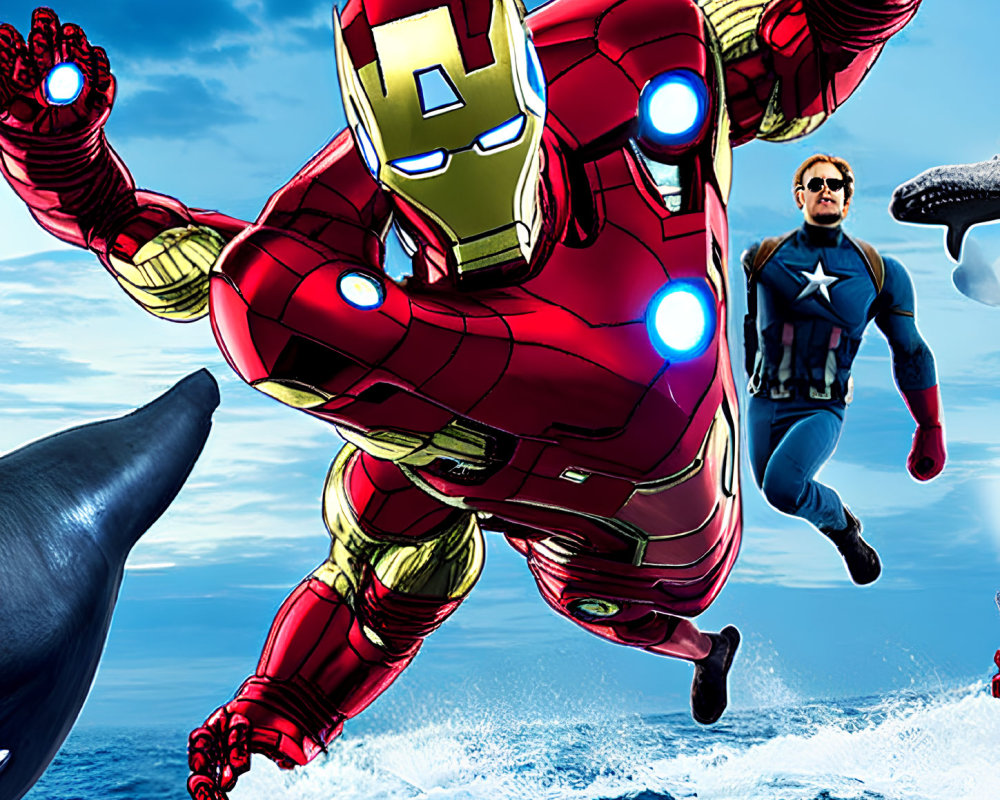 Superheroes in red and gold and blue costumes flying and running above water with dolphins.