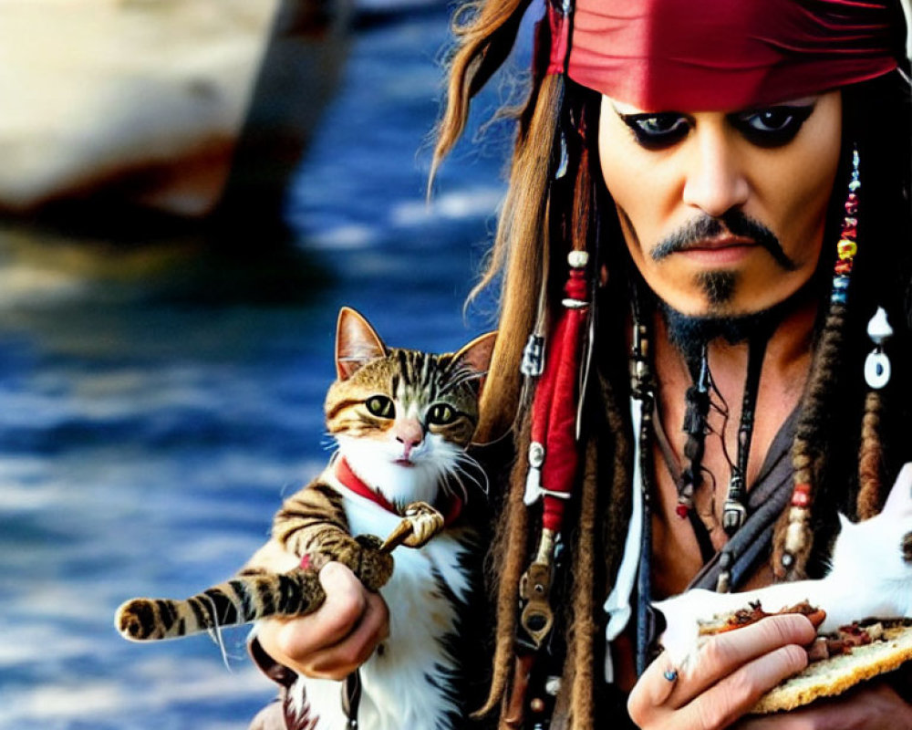 Pirate person with cat in matching attire by water and boats