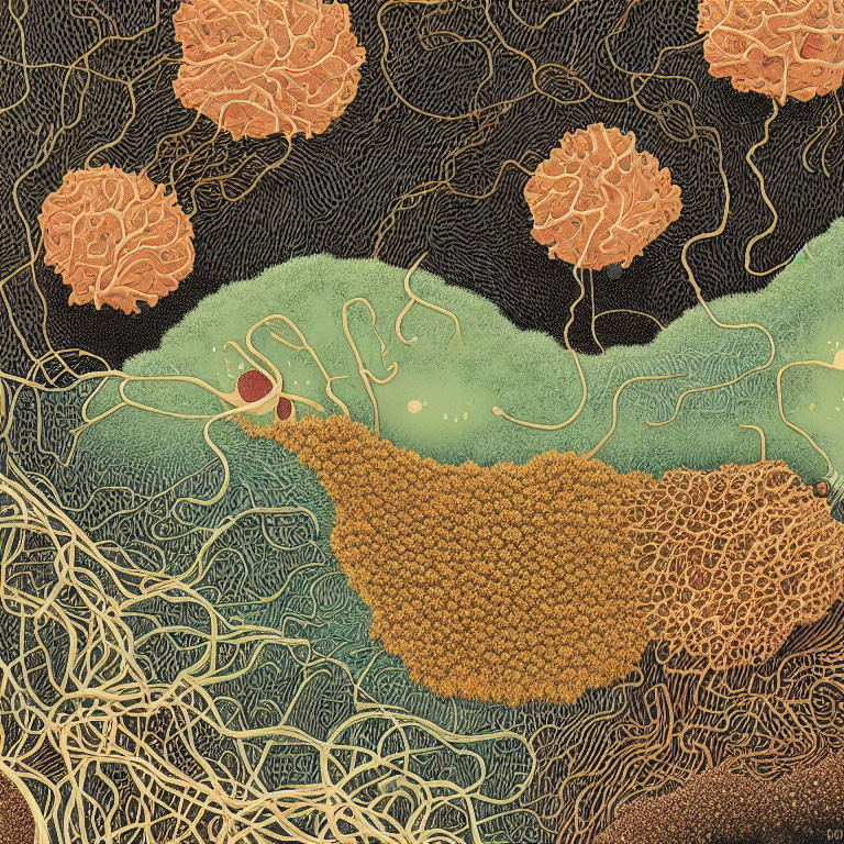 Detailed Earth-Toned Microscopic Biological Landscape Illustration