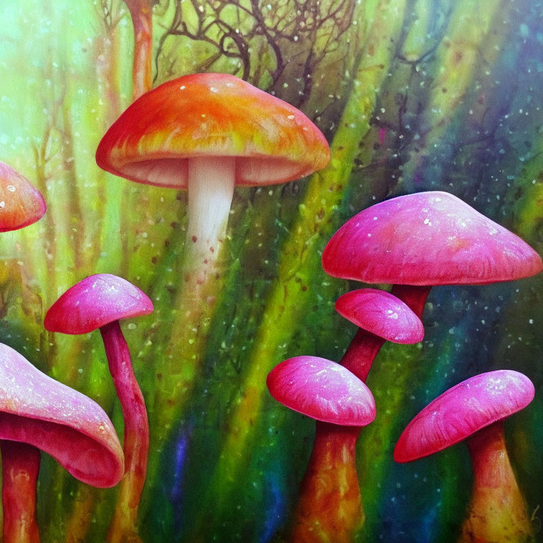Colorful painting of red and pink mushrooms in mystical forest landscape
