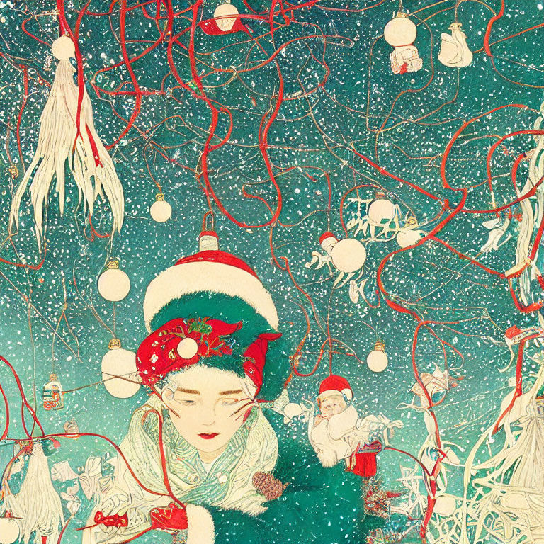 Festive person surrounded by plants, ornaments, and Santa Claus in whimsical illustration