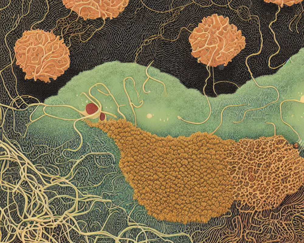 Detailed Earth-Toned Microscopic Biological Landscape Illustration
