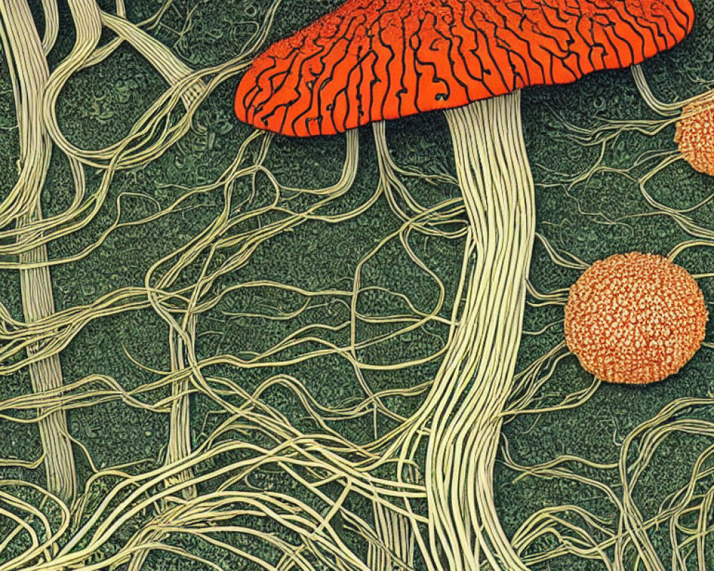 Detailed red-capped mushroom illustration on green background