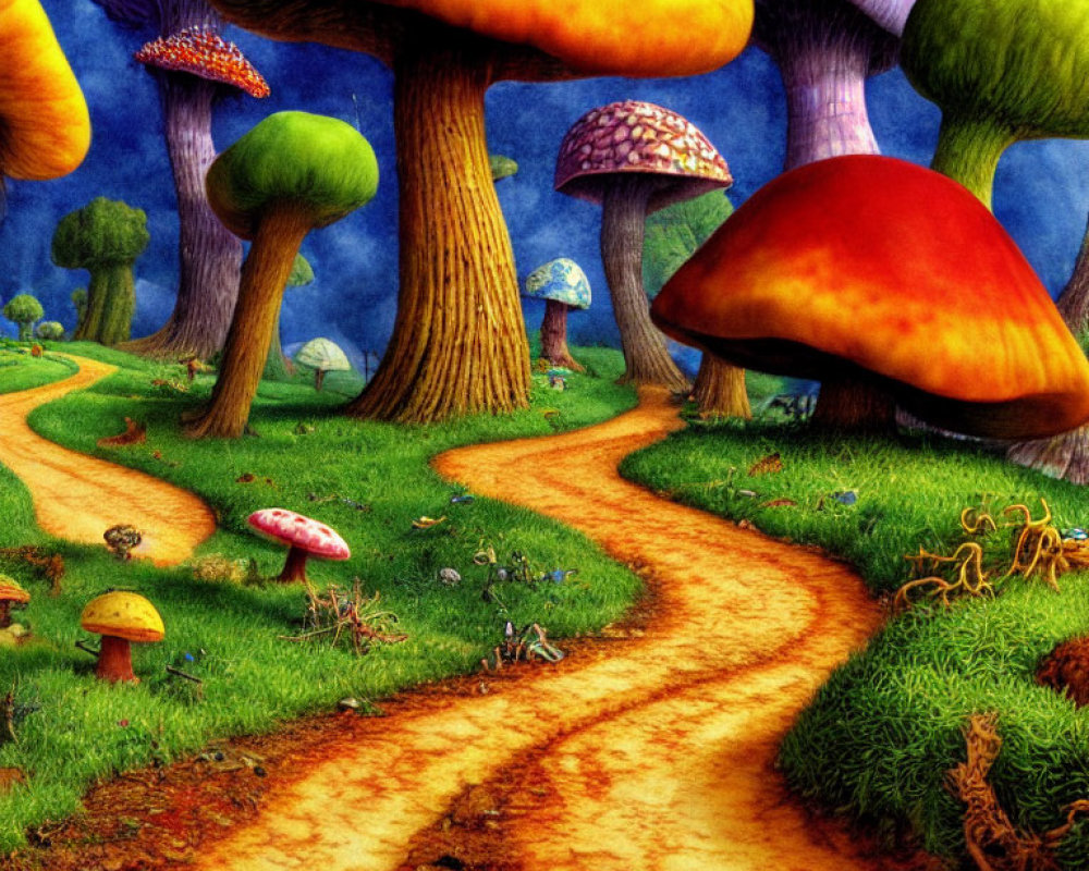 Vibrant whimsical forest with oversized colorful mushrooms
