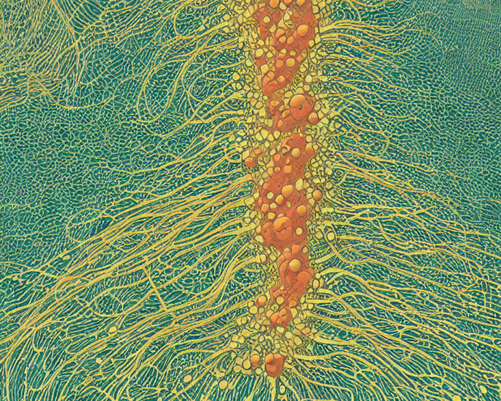 Detailed Neural Pathways Illustration with Orange Synapses on Blue-Green Background