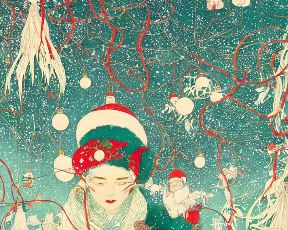 Festive person surrounded by plants, ornaments, and Santa Claus in whimsical illustration