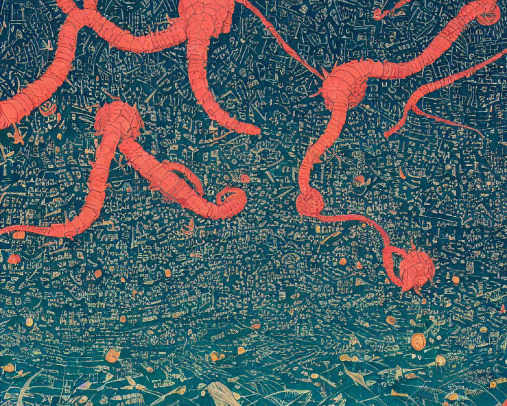 Abstract red neuron-like structures on detailed blue background with shapes and lines