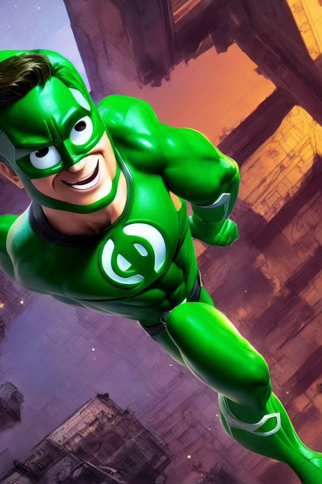 Male superhero in green and black suit flying over cityscape