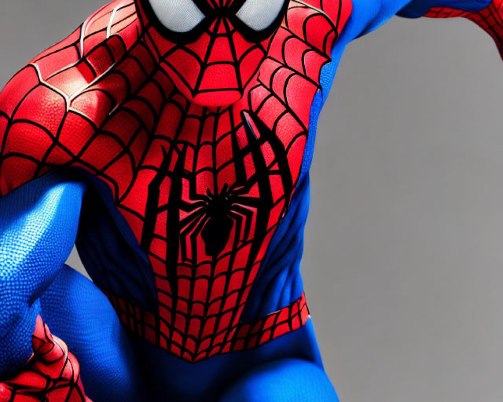 Cosplayer in Spider-Man costume on grey backdrop with red and blue suit.