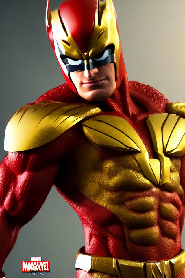 Muscular superhero in red and gold costume with helmet on grey background