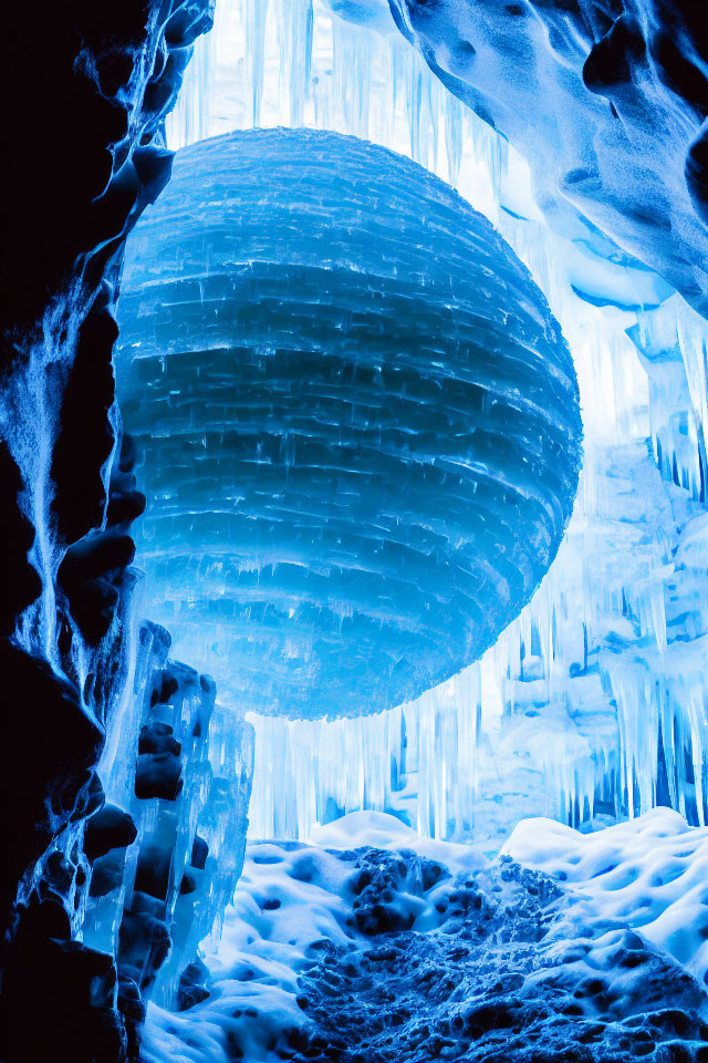 Spherical ice sculpture surrounded by icicles and blue illumination