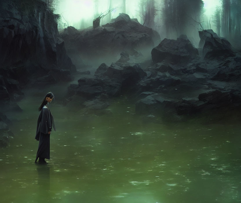 Misty forest pond with solitary figure in green hues