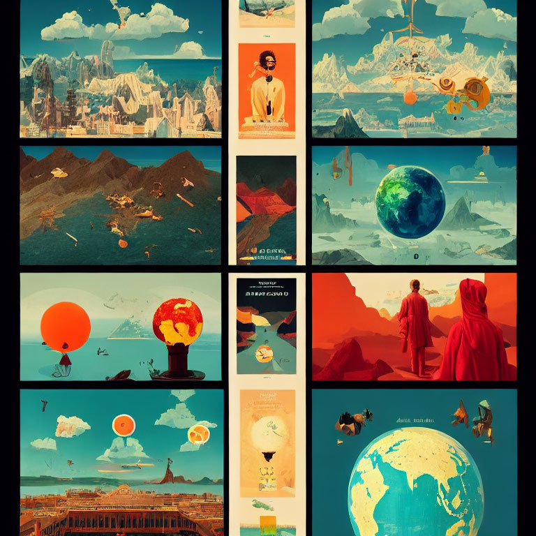 Stylized collage of imaginative illustrations: futuristic cities, oversized fruit landscapes, and dramatic vistas.