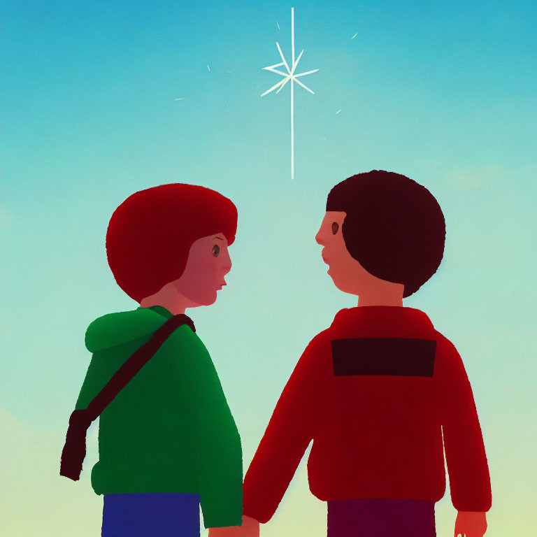 Animated characters in green and red gazing at a bright star