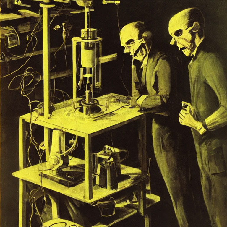 Skeletal Figures Conducting Experiment in Lab Setting