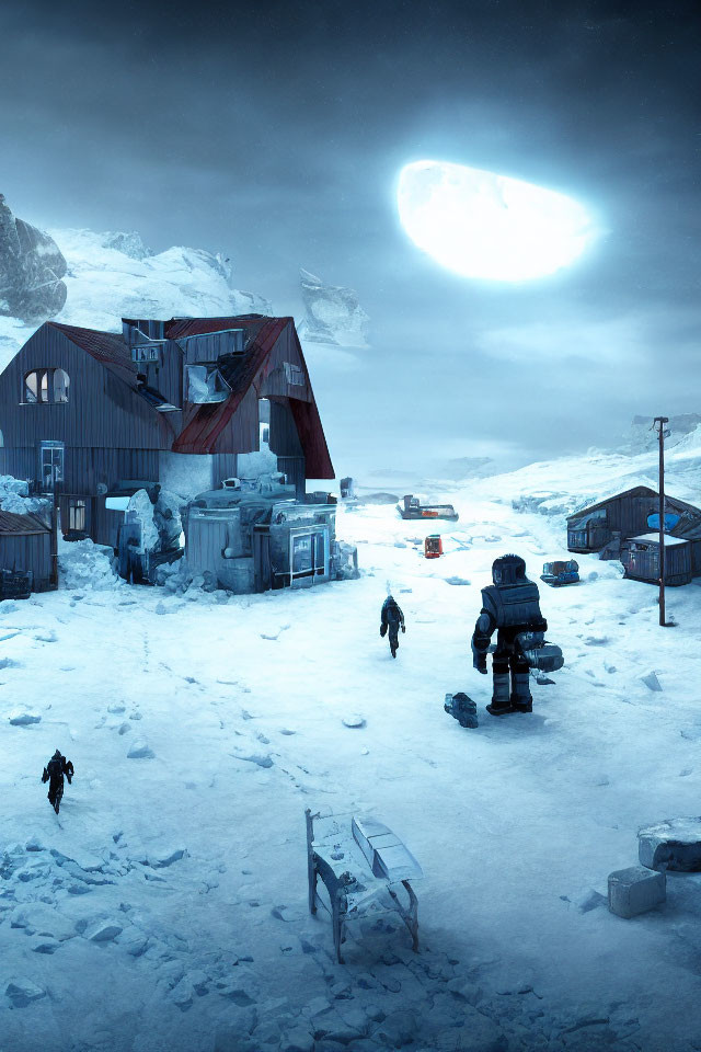 Snow-covered research station with people and equipment under eerie glowing sky
