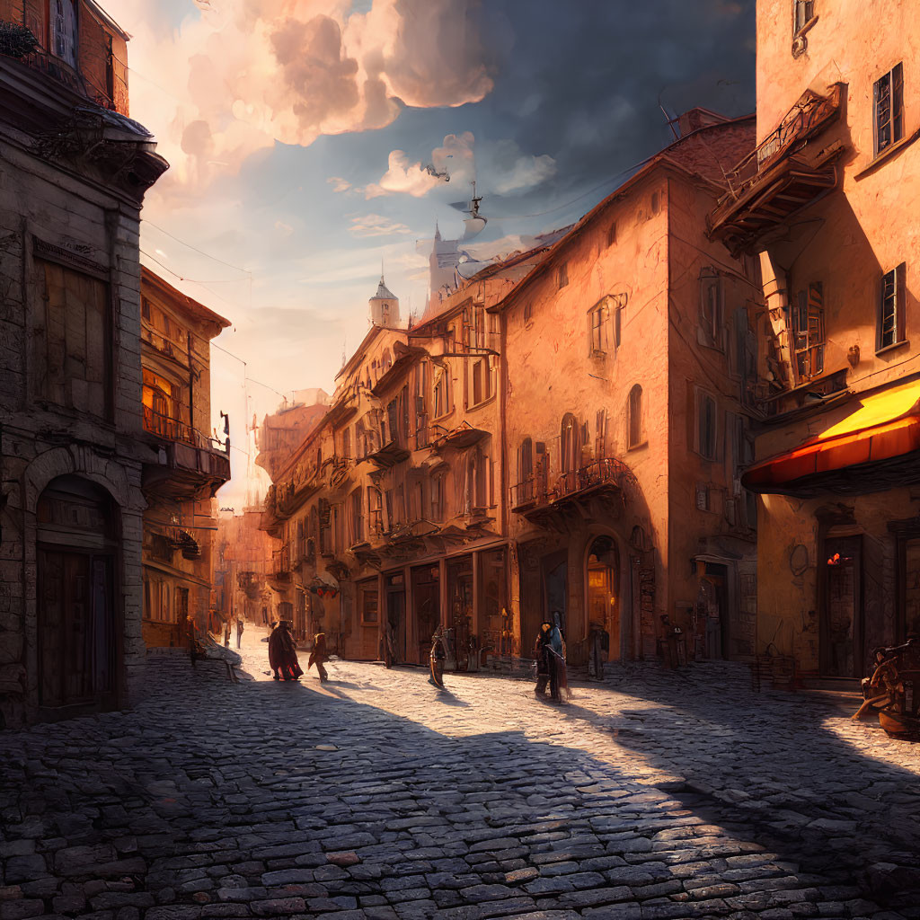 Historic European town cobbled street at golden hour