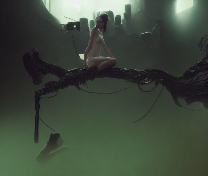 Person sitting on twisted structure in surreal misty landscape