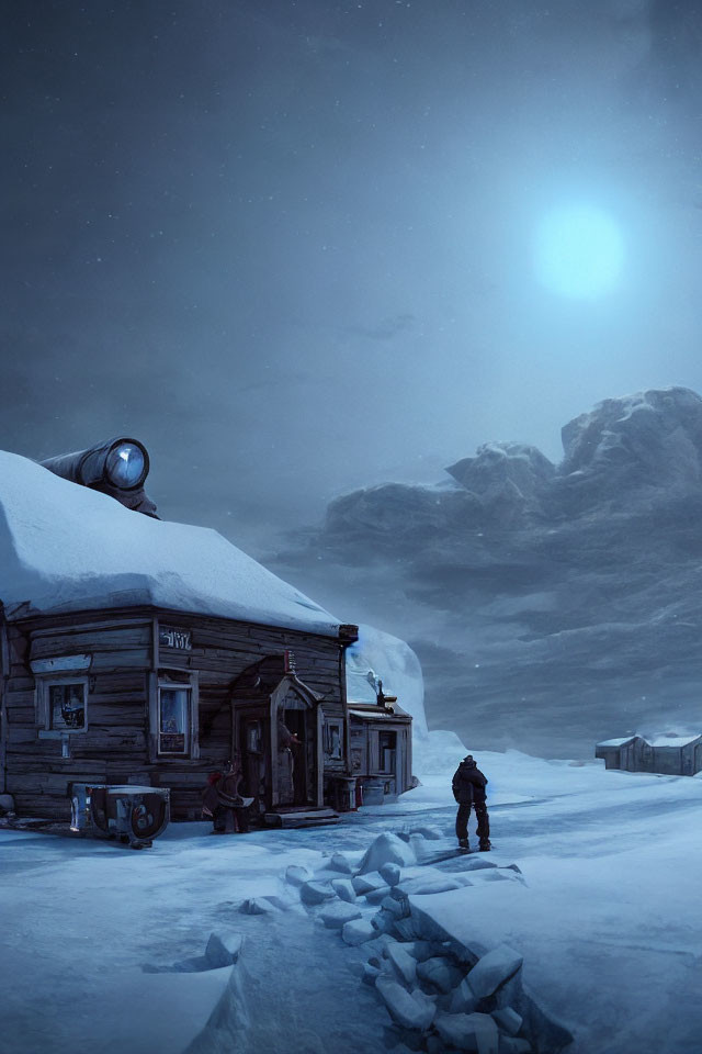 Snowy Nighttime Scene: Person by Wooden Cabin, Moonlit Mountains
