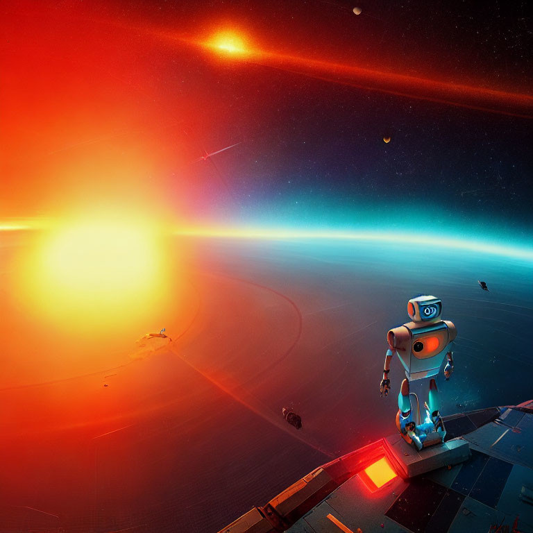 Futuristic robot on spacecraft gazes at sunset over planet with orbiting debris