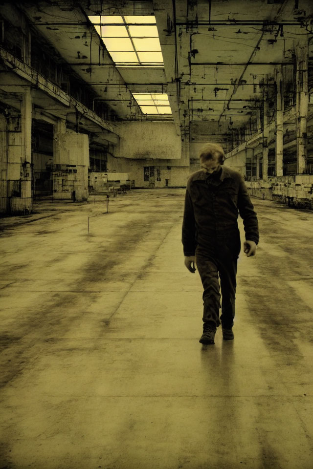 Desolate industrial hall with solitary figure walking away