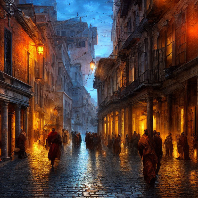 Historical city scene: Rainy cobblestone street with period-dressed crowd under streetlights.
