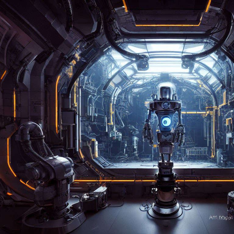 Detailed Industrial Sci-Fi Corridor with Blue-Eyed Futuristic Robot