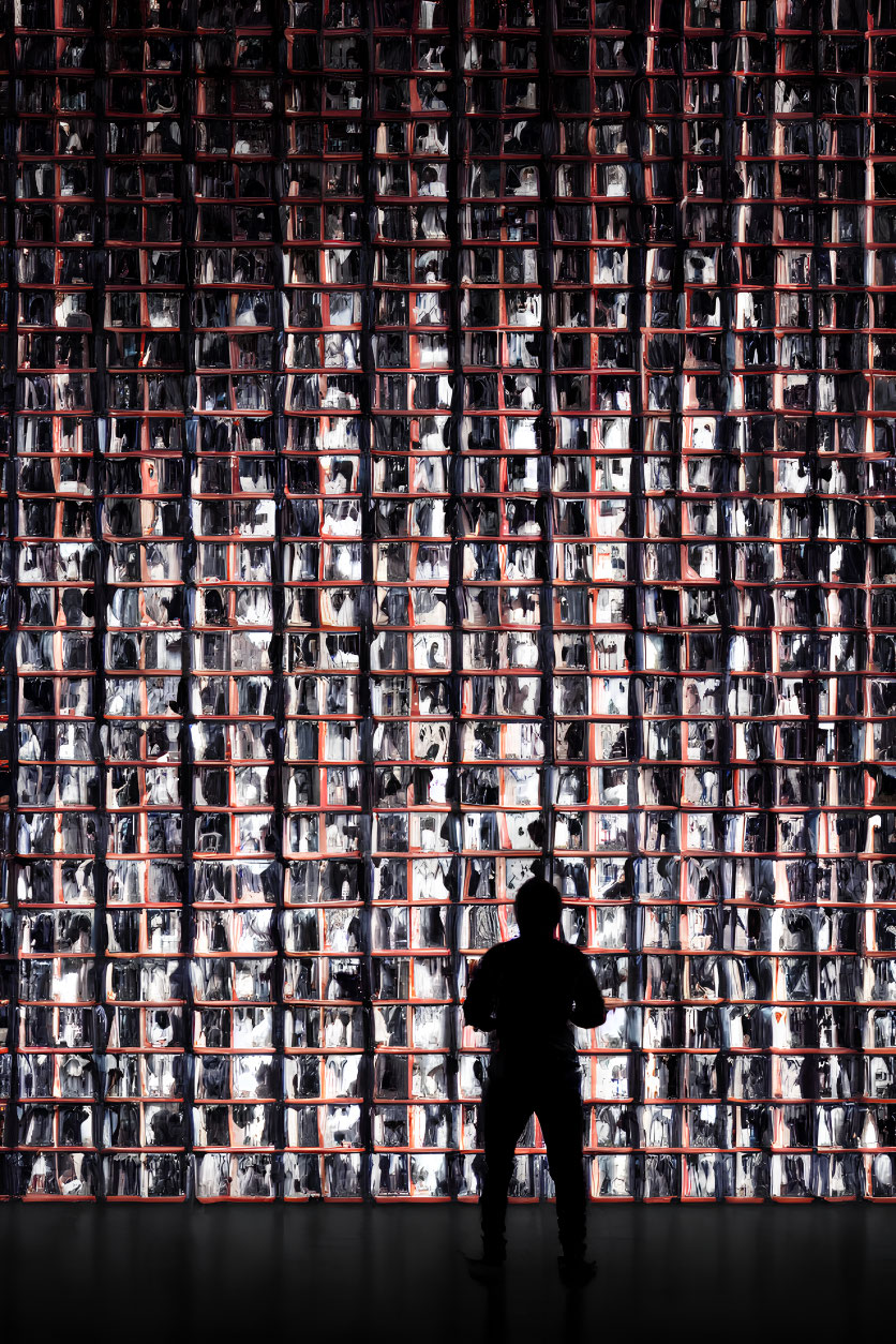 Silhouetted figure against illuminated grid of screens.