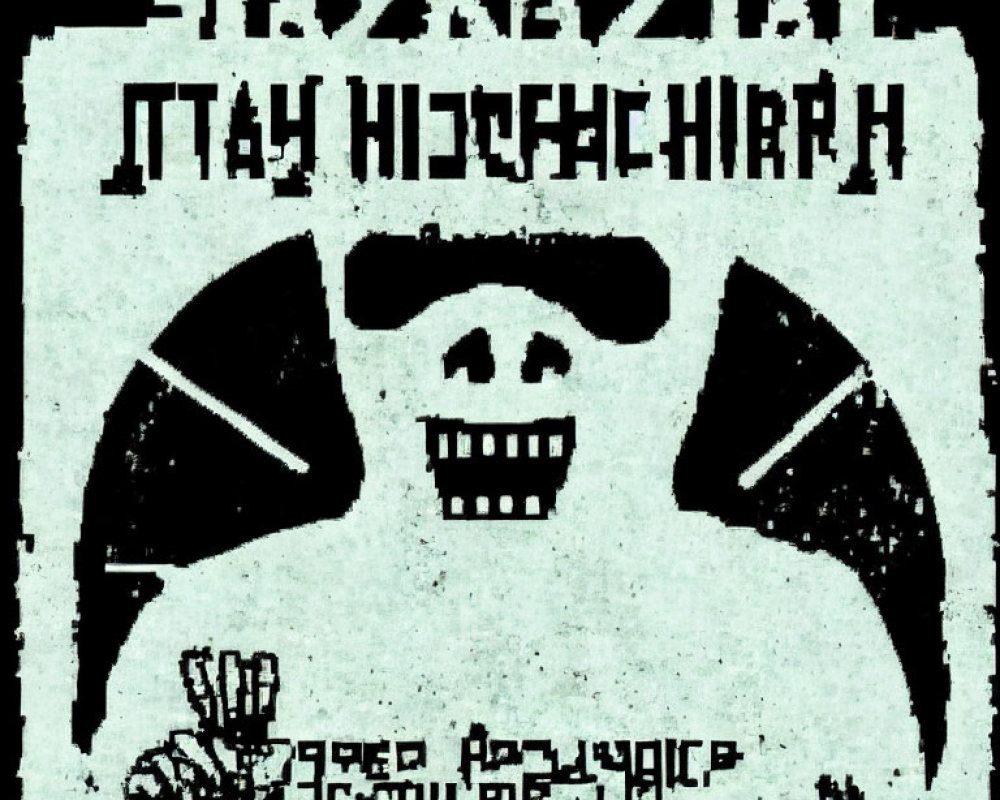Monochrome Cyrillic skull and crossbones graphic with flag elements