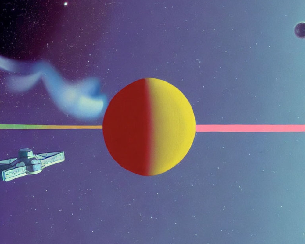 Retro-futuristic space illustration with spacecraft, split-toned planet, pink beam, and cosmic