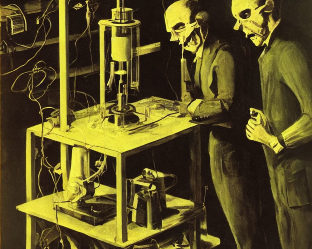 Skeletal Figures Conducting Experiment in Lab Setting