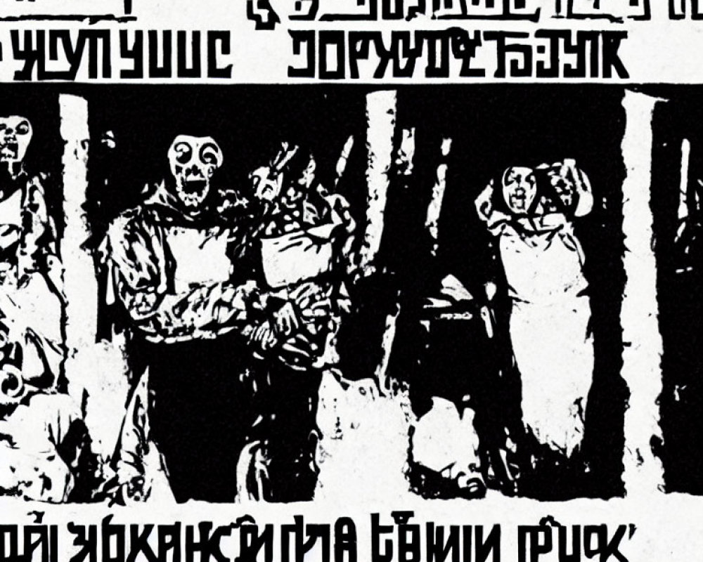 Distorted black-and-white image with indistinct figures and Cyrillic text for a chaotic, eerie