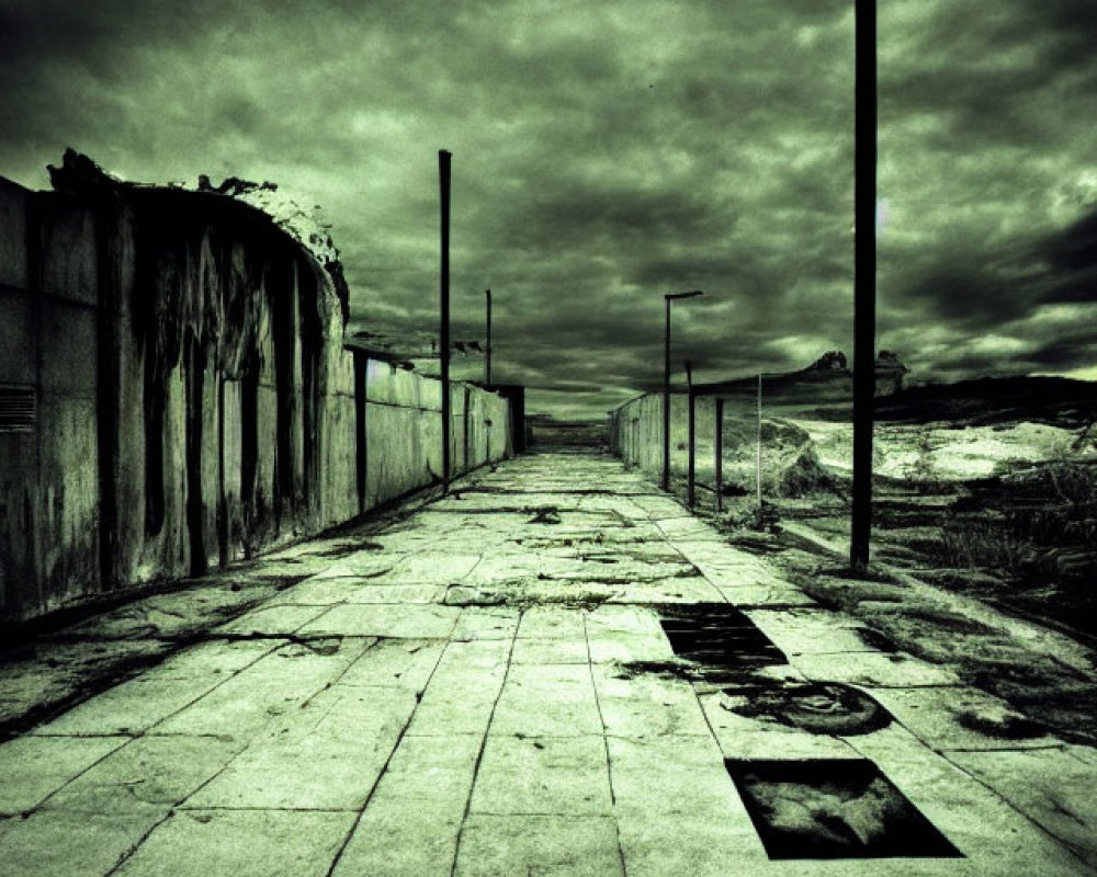 Desolate, dilapidated walkway under gloomy sky