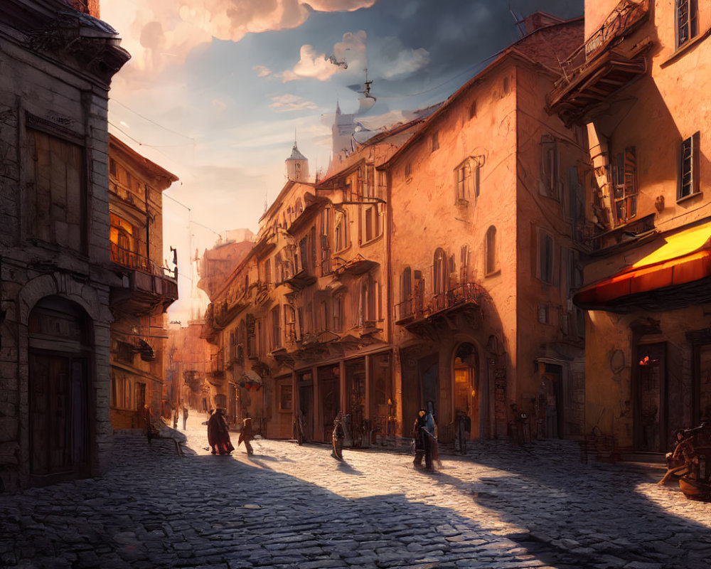 Historic European town cobbled street at golden hour