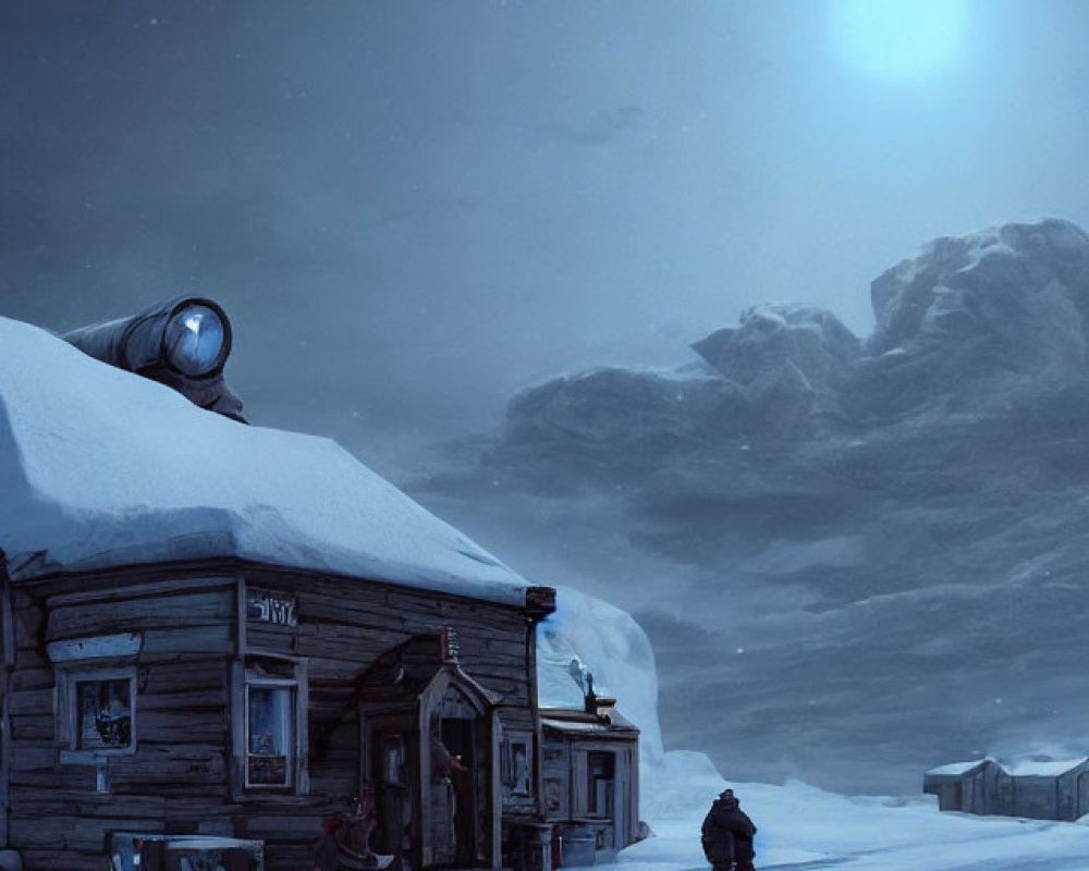 Snowy Nighttime Scene: Person by Wooden Cabin, Moonlit Mountains