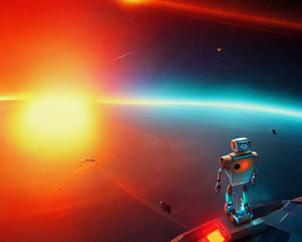 Futuristic robot on spacecraft gazes at sunset over planet with orbiting debris
