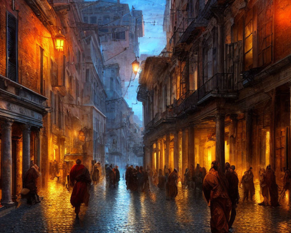 Historical city scene: Rainy cobblestone street with period-dressed crowd under streetlights.