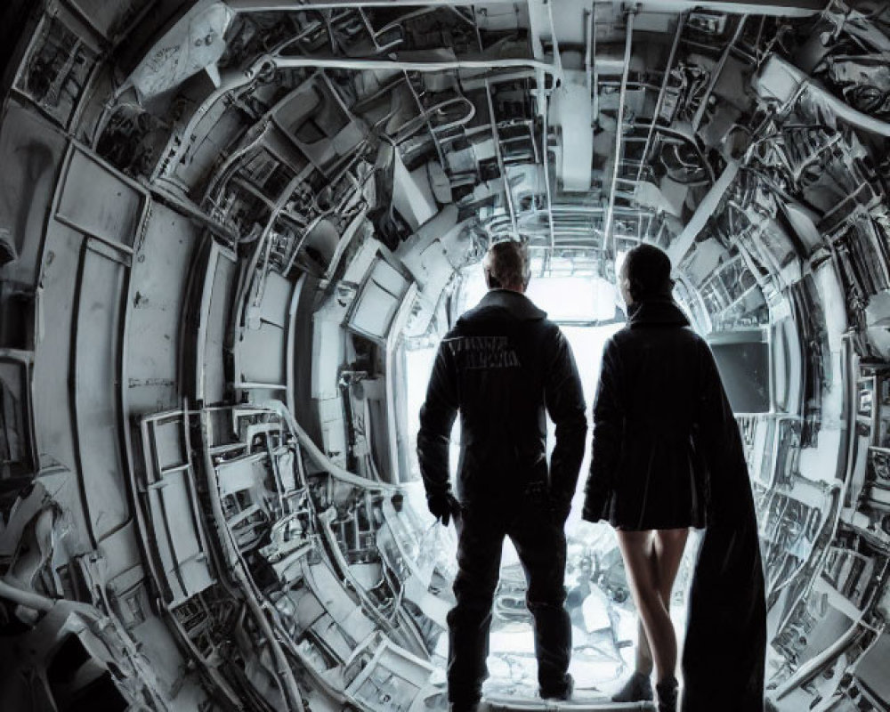 Two individuals in suits in a futuristic spacecraft corridor gazing into space