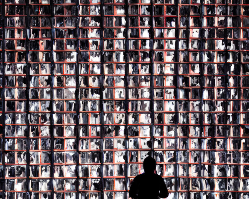 Silhouetted figure against illuminated grid of screens.