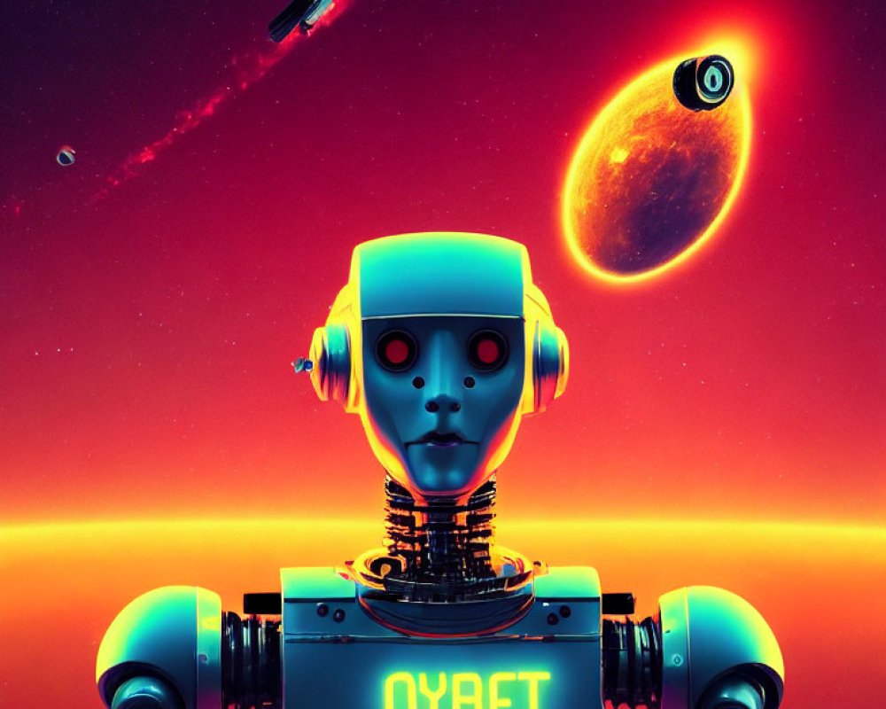 Blue futuristic robot with "OYBET" on torso in cosmic scene with comet, planets,