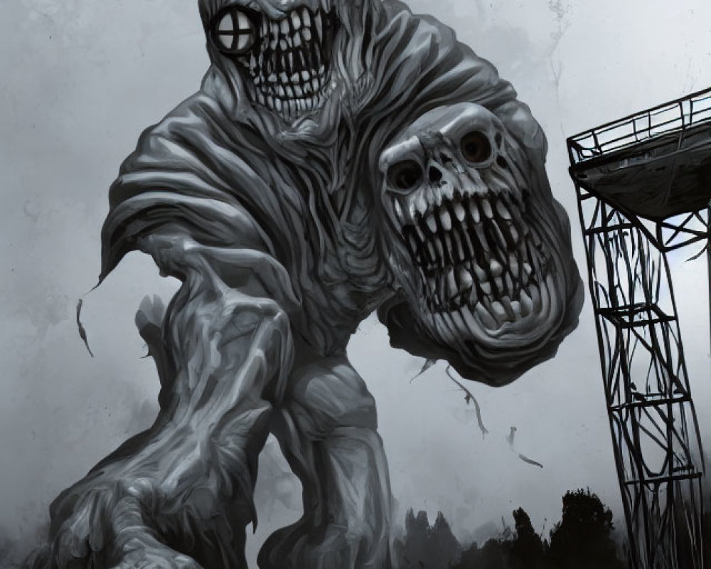 Monstrous figure with two skull-like faces near water tower in desolate landscape