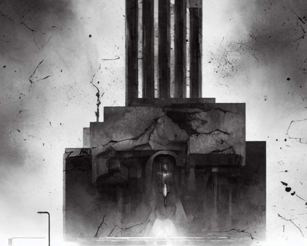 Monochromatic dystopian structure with towering pillars and mysterious light.