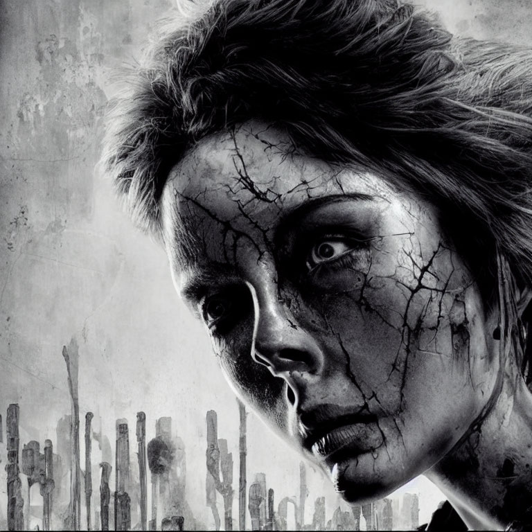 Monochrome artwork of woman with cracked skin texture in desolate cityscape