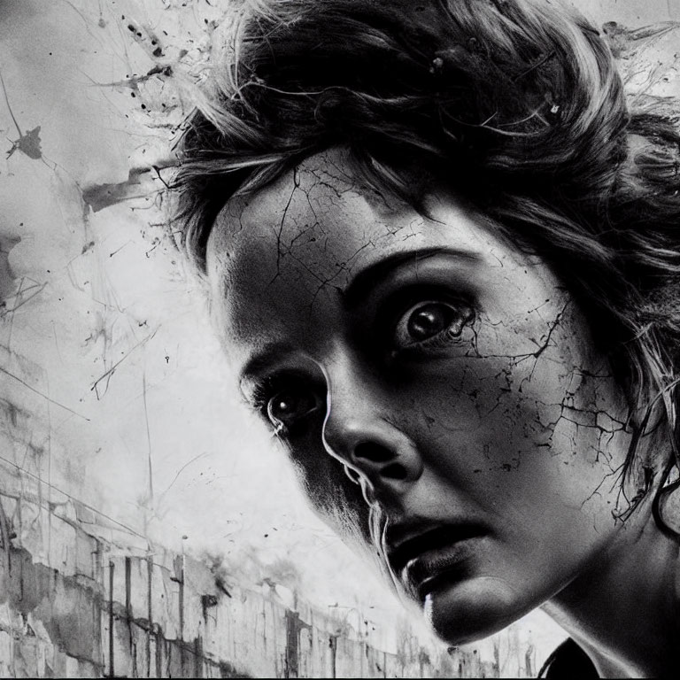 Monochrome artwork of a woman with cracked skin on textured background