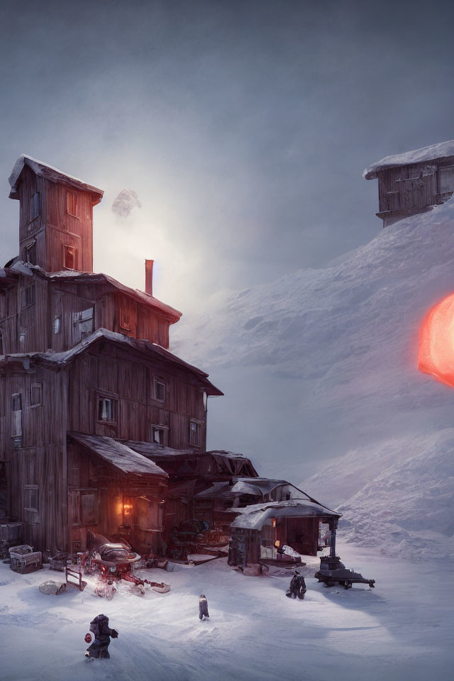 Rustic wooden structures in snowy landscape with red moon