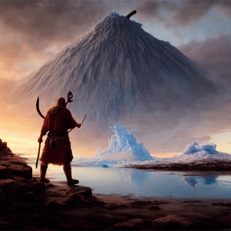 Viking warrior with sword at volcanic mountain under dramatic sky