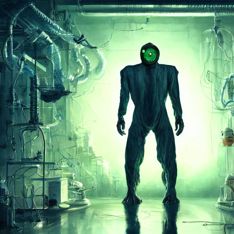 Menacing figure in hazmat suit with glowing green mask in industrial room