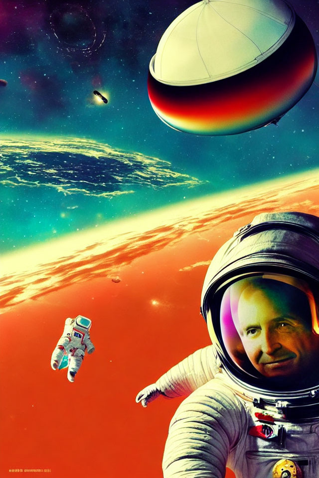 Retro-Futuristic Space Poster with Astronaut Headshot and Planets
