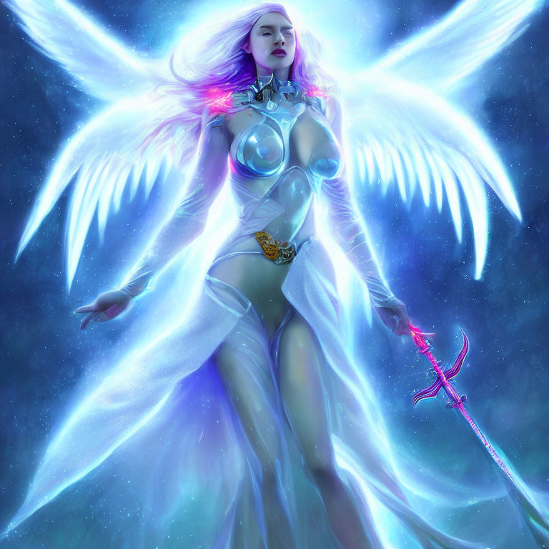 Angelic figure with white wings and pink sword on cosmic background