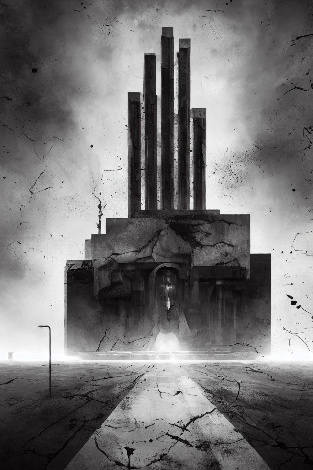 Monochromatic dystopian structure with towering pillars and mysterious light.